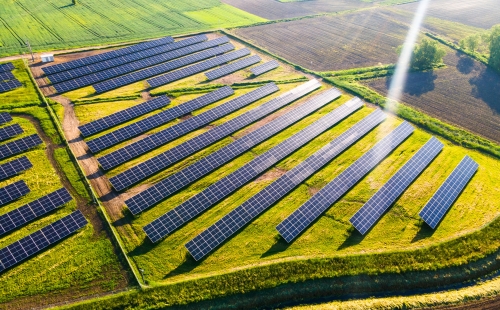 Solar panels in sunny field