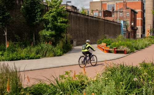Cycling through the Grey to Green development in Sheffield, UK