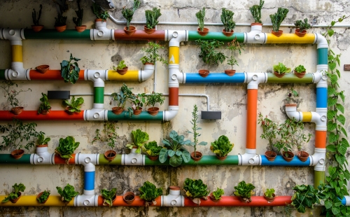 Urban garden with plants growing in colourful drainpipe