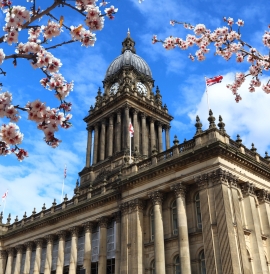 Leeds City Hall with cherry blossoms
