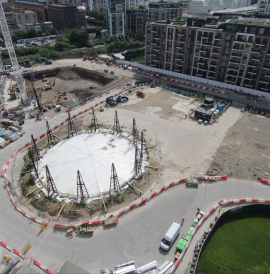 An overhead shot of a former gasworks remediation site in Fulham, London