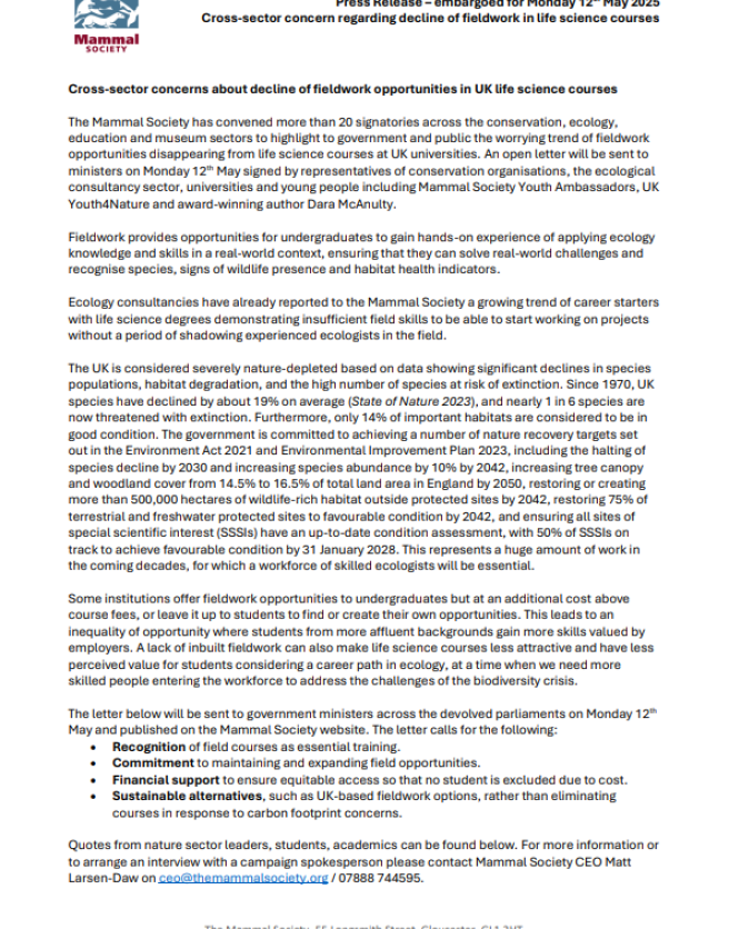 Letter from the Mammal Society