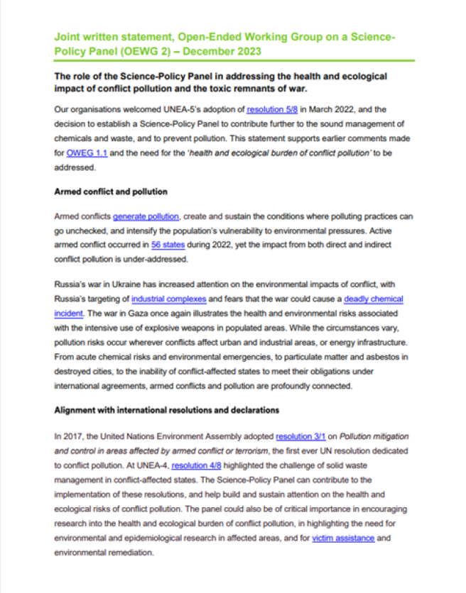 Cover of letter on environmental impacts of conflict