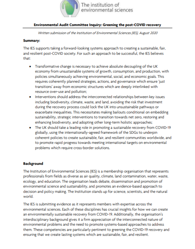 EAC Green Recovery inquiry response