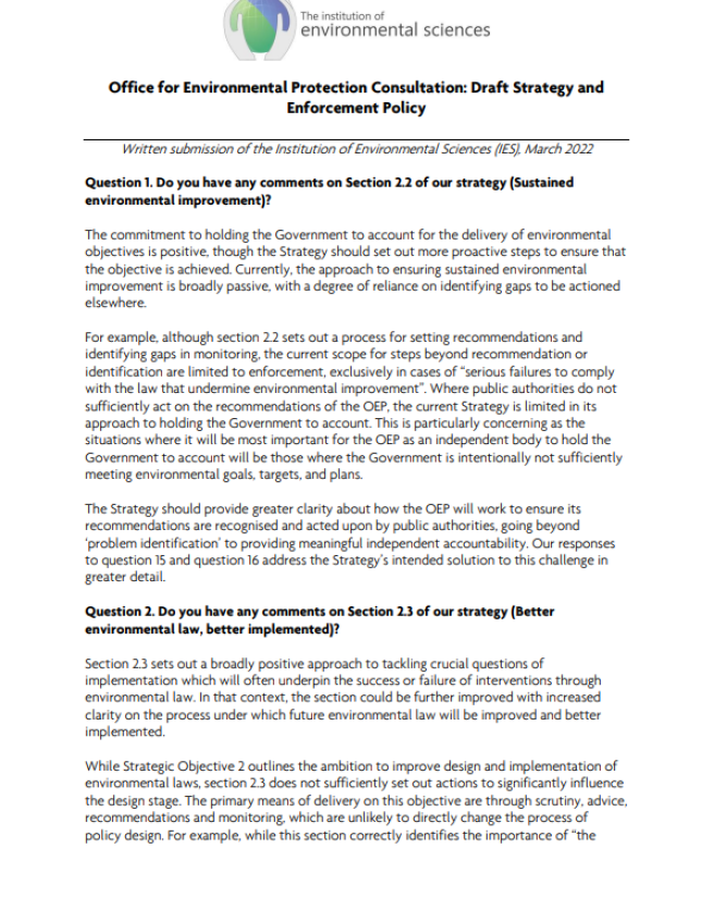 Cover of response to OEP Strategy consultation