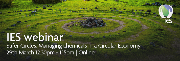 field with circular marking, with overlaid text "Safer Circles: Managing chemicals in a Circular Economy, 29th March 12.30pm-1.15pm, online"