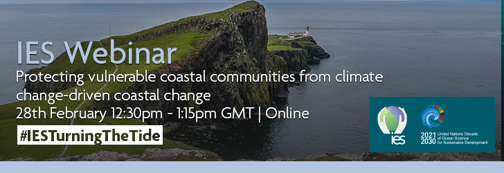 Photo of Neist Point Isle of Skye overlaid with text: Protecting vulnerable coastal communities from climate change-driven coastal change, 12:30 - 1:15pm online 28th February