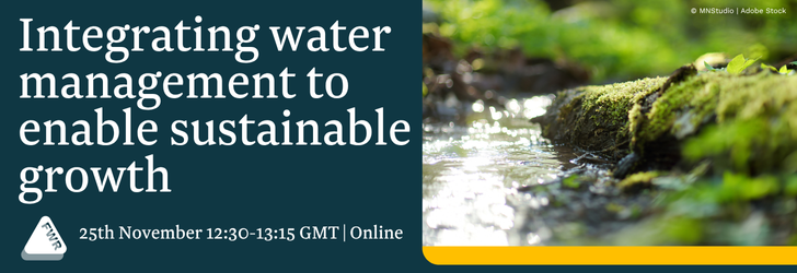 Photograph of a mossy bank of a river and text: Integrating water management to enable sustainable growth, 25th November 12:30 - 13:15 GMT online