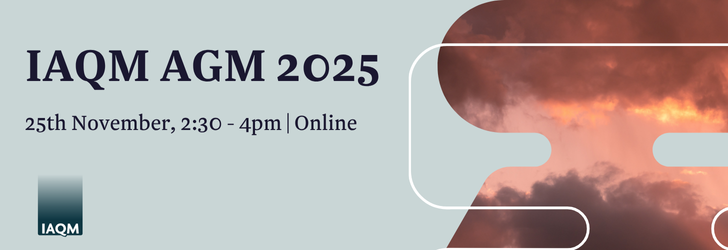 Text reading: "IAQM AGM 2025, 25th November, 2:30 - 4:00pm online" with a photo of a pink cloudy sky