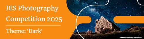A banner image with the words 'IES Photography Competition 2025: Dark', accompanied by a graphic shape photo of a dark starry sky with a house underneath