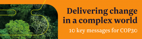 Aerial view of sprawling Amazon rainforest, with text "Delivering change in a complex world: 10 key messages for COP30"