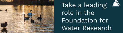 Text reads "Take a leading role in the Foundation for Water Research". The FWR logo is visible, along with a photo of ducks and geese on a river at sunset.