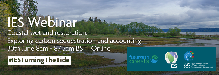 View of green forested wetlands on a cloudy day. Overlaid with text reading 'IES Webinar. Coastal wetland restoration:  Exploring carbon sequestration and accounting 30th June 8am - 8.45am BST | Online. #IESTurningTheTide.' Features logos for Future Earth Coasts, the IES and the UN Ocean Decade in the bottom right corner.