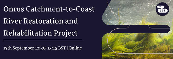 Algae and weeds in a river, with text Onrus Catchment-to-Coast River Restoration and Rehabilitation Project, 17th September 12:30 - 13:15 BST, Online
