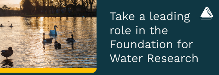 Text reads "Take a leading role in the Foundation for Water Research". The FWR logo is visible, along with a photo of ducks and geese on a river at sunset.